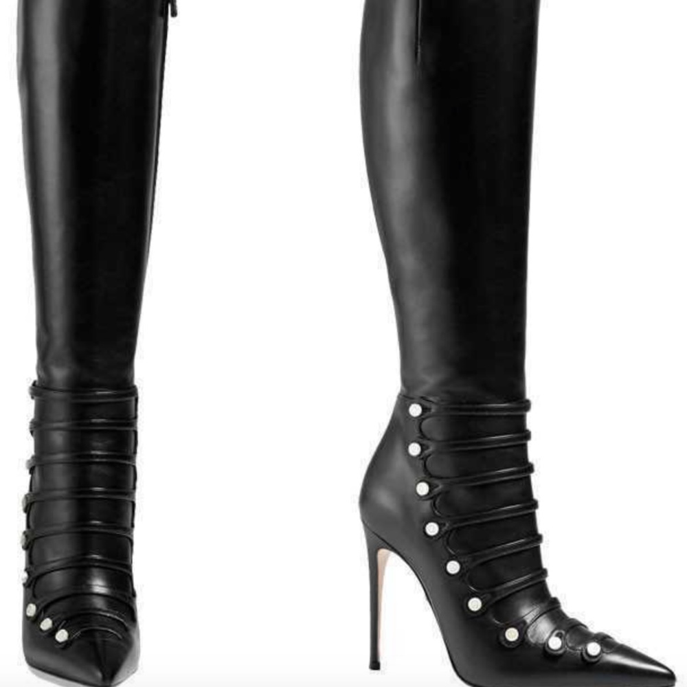 Gucci Aneta GG tall knee high pointed toe black leather pearl button boots 39.5